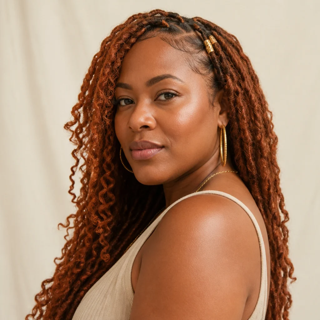 Black woman with warm metallic copper butterfly locs melting from a darker root at a three-quarter angle