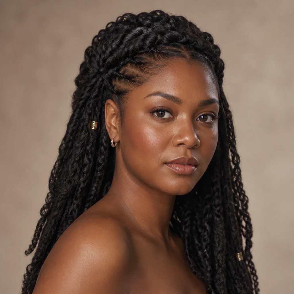 Black woman with a butterfly locs half crown braided across the top like a soft headband at a front angle