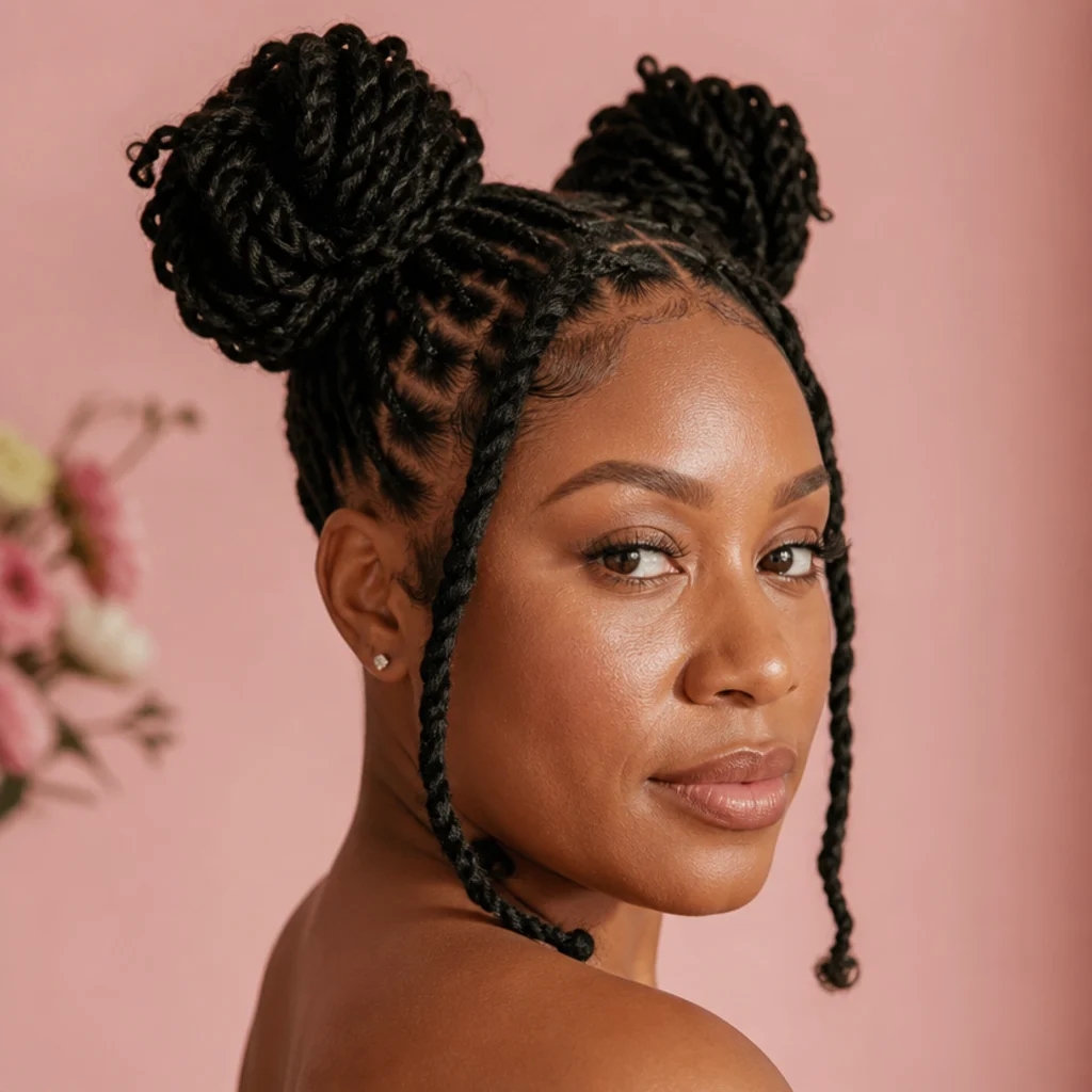 Black woman with butterfly locs styled into two high space buns with loose face-framing locs at a three-quarter angle