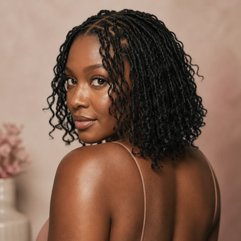 Black woman shown from a three-quarter back angle wearing shoulder-length distressed butterfly locs with soft curly ends