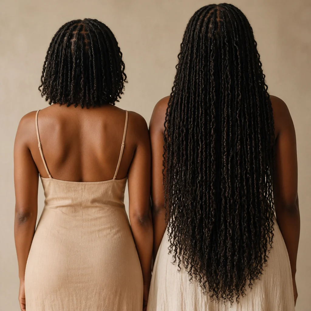 Comparison back view of a Black woman showing chin-length short butterfly locs beside waist-length long butterfly locs on a warm ivory background