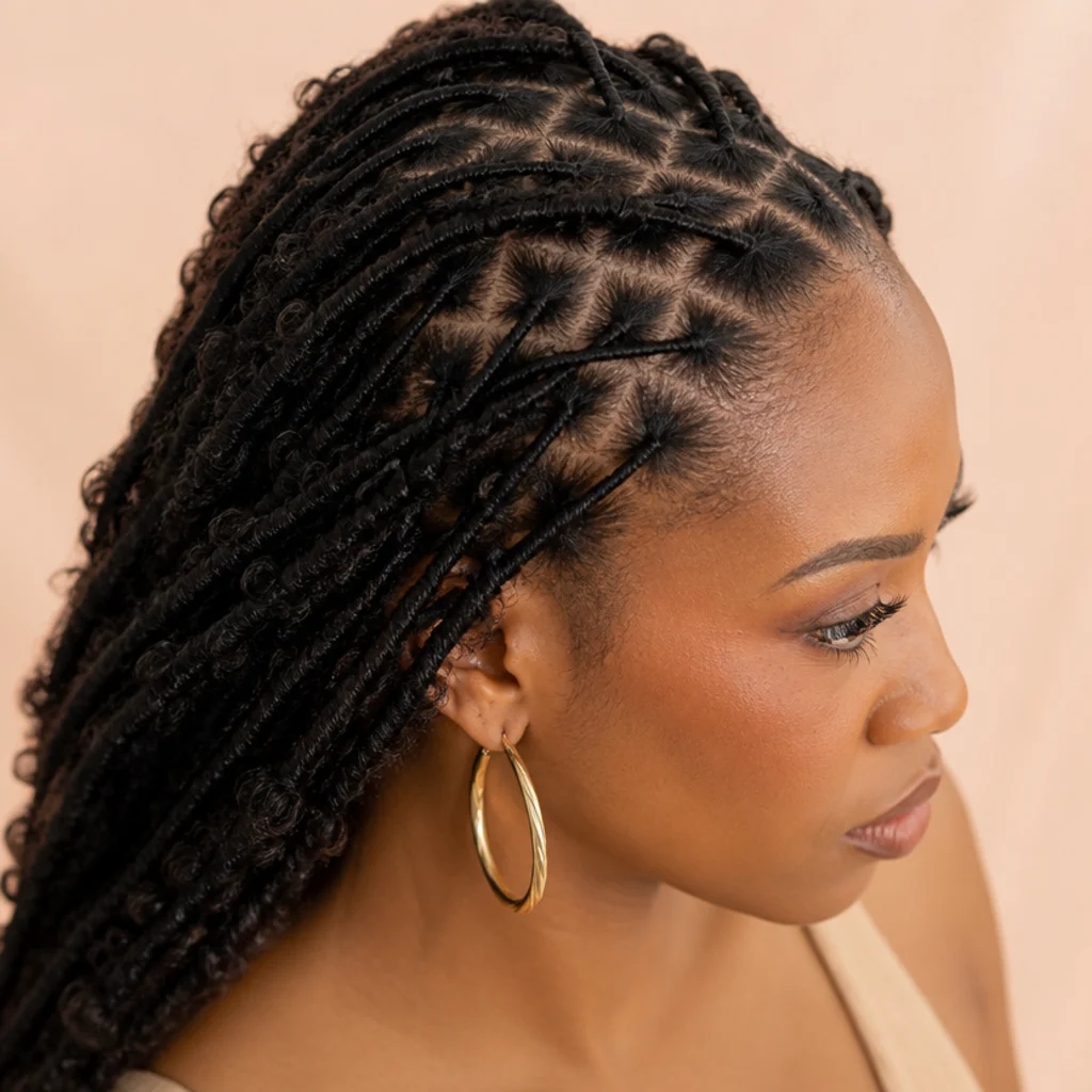 Close three-quarter view of a clean, comfortable parting at the scalp with soft butterfly loc roots and no visible pulling on the hairline