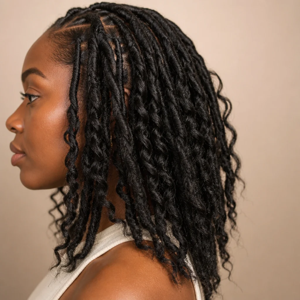 Side view detailing evenly wrapped butterfly locs with consistent thickness and uniform looped distressed texture along each loc