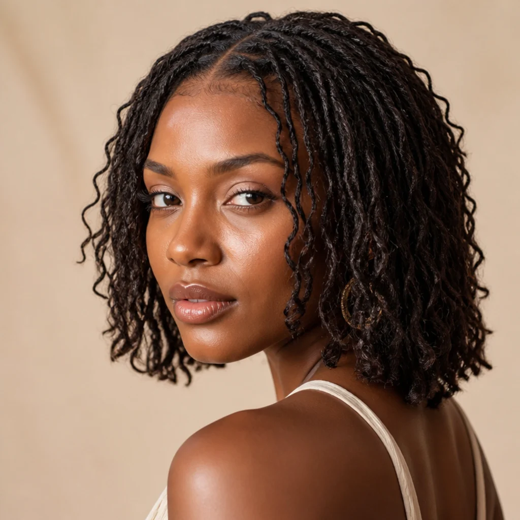 Black woman in three-quarter side view wearing shoulder-length butterfly locs with soft looped texture and clean center parting