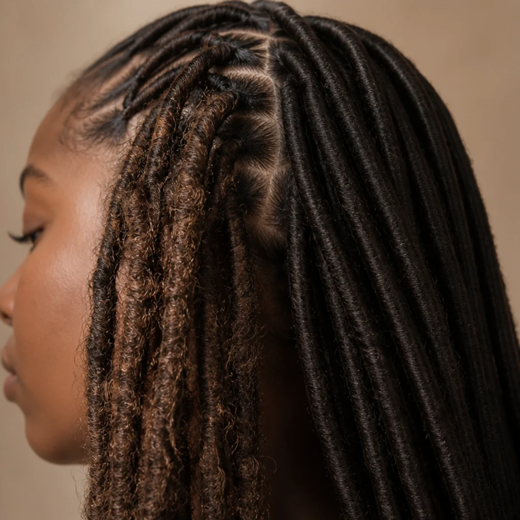 Close side view comparing looped distressed butterfly loc texture against smooth uniform faux loc texture on deep brown hair