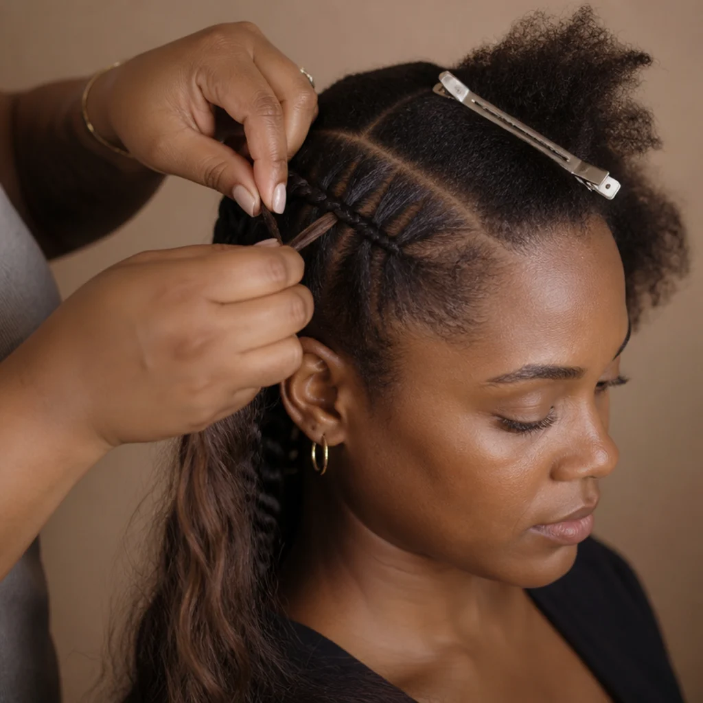 Stylist mid-install wrapping extension hair around a two-strand base on a seated Black client, warm taupe backdrop