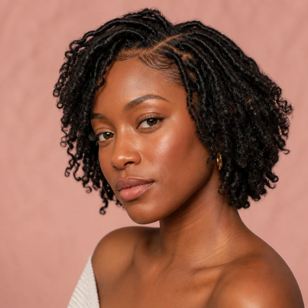 Black model with chin-length short butterfly locs in a three-quarter angle, soft distressed texture, muted blush background