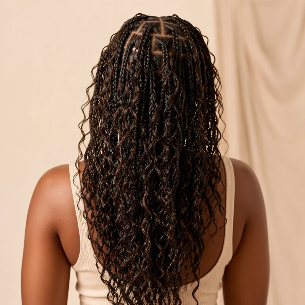 Back view of long butterfly locs falling past the shoulder blades on a Black model, airy looped texture, ivory studio light