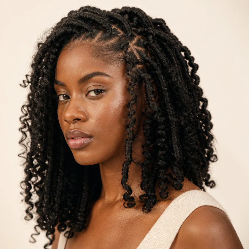Three-quarter view of butterfly faux locs blending smooth wrapped bases with softly distressed mid-lengths on a Black model