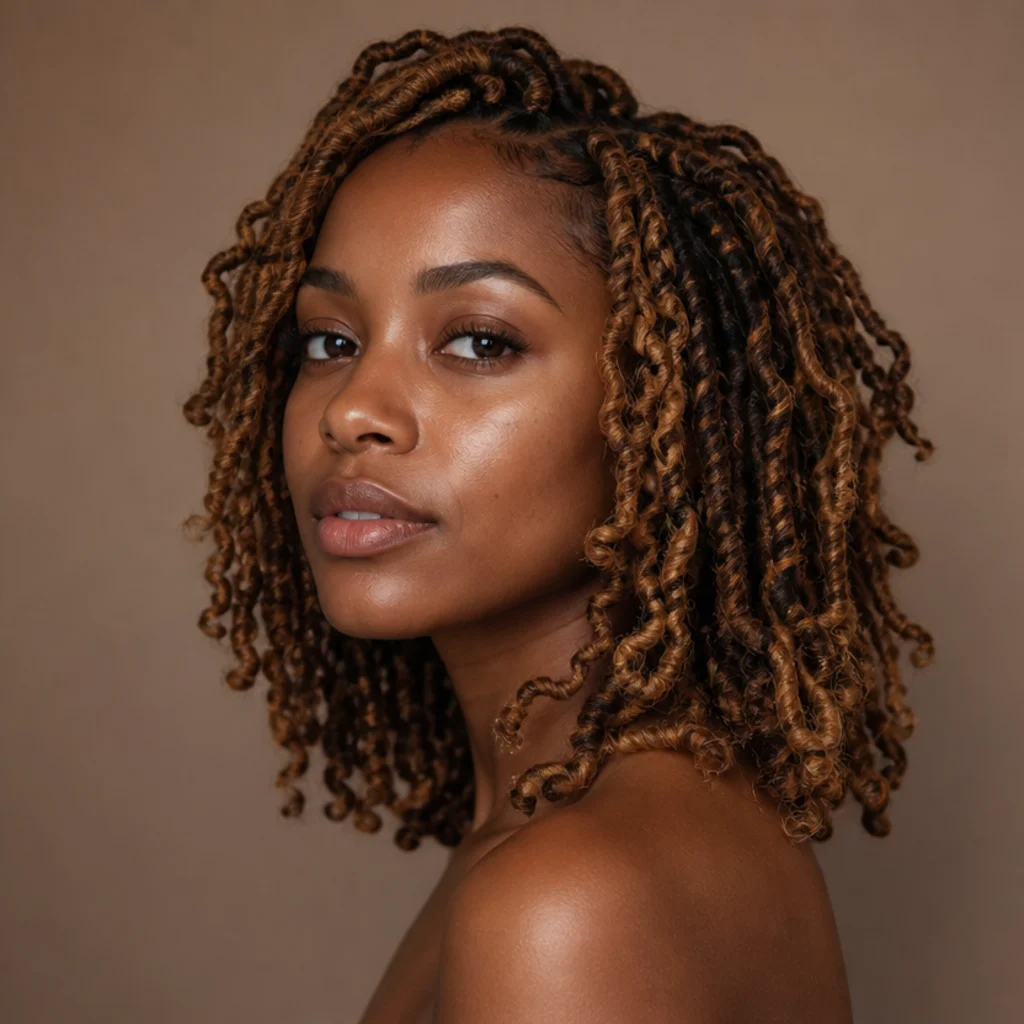 Black model wearing butterfly locs with color, honey and caramel blended through distressed texture, three-quarter angle