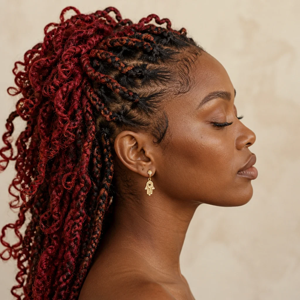 Black model with red butterfly locs in a deep auburn to bright red blend, looped texture, warm ivory backdrop, side profile