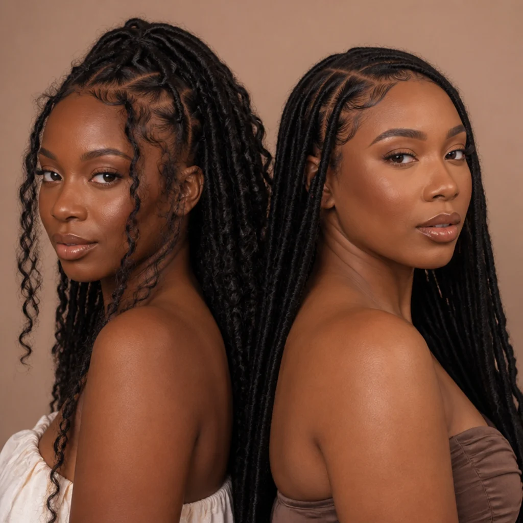 Split three-quarter comparison of a boho distressed butterfly loc finish and a sleek sealed faux loc finish on two Black models