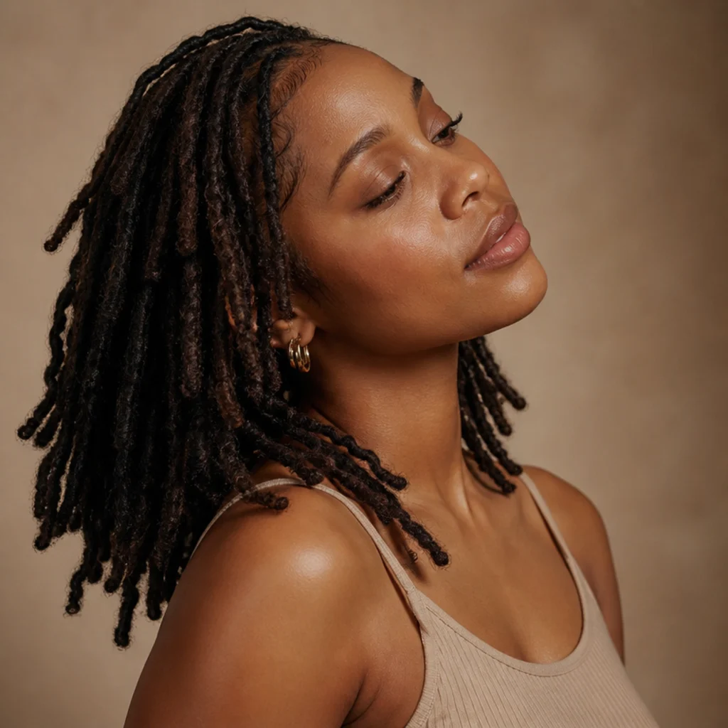 Black model tilting head to show comfortable loc movement, medium-length butterfly locs, soft studio lighting, taupe background