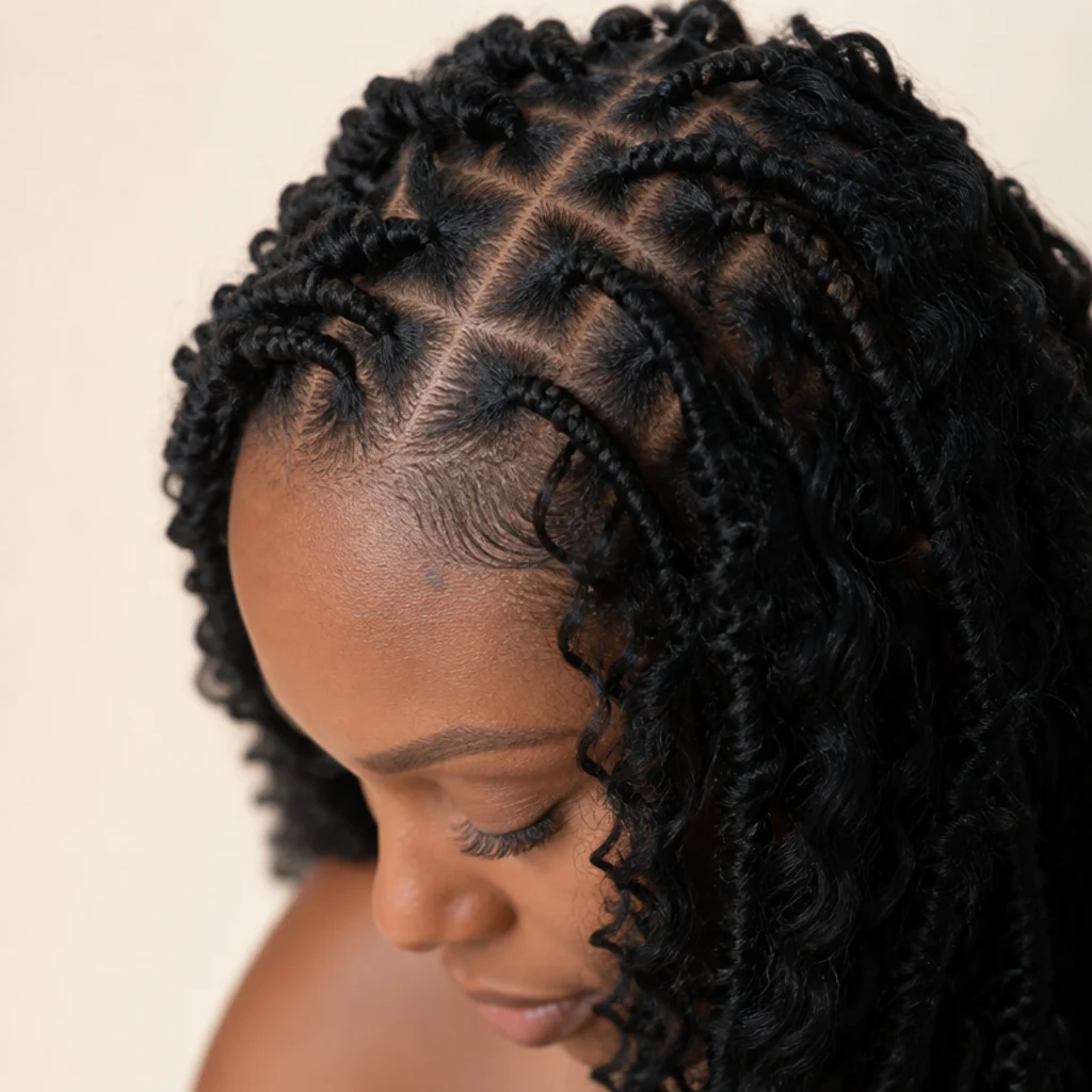 Close clean parting on a Black model showing neat scalp sections and comfortable root tension in butterfly locs, three-quarter view