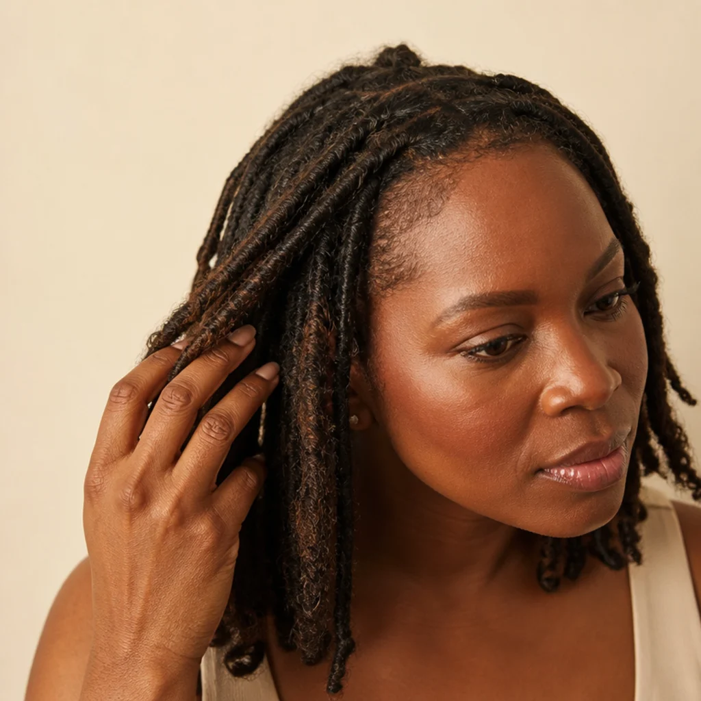 Black model smoothing mid-length locs by hand, showing light frizz management on butterfly loc texture, warm ivory setting