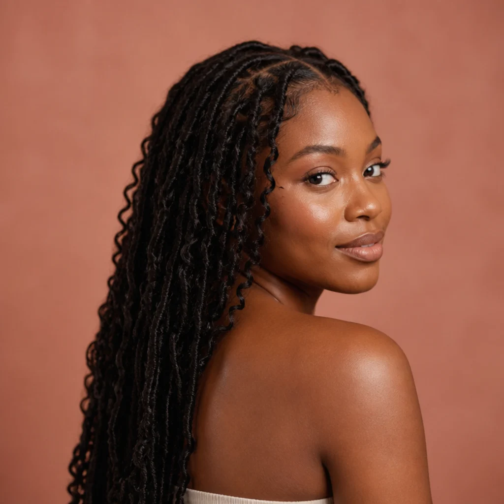 Black model with well-kept locs several weeks into wear, showing softened but intact texture, three-quarter back angle, blush backdrop