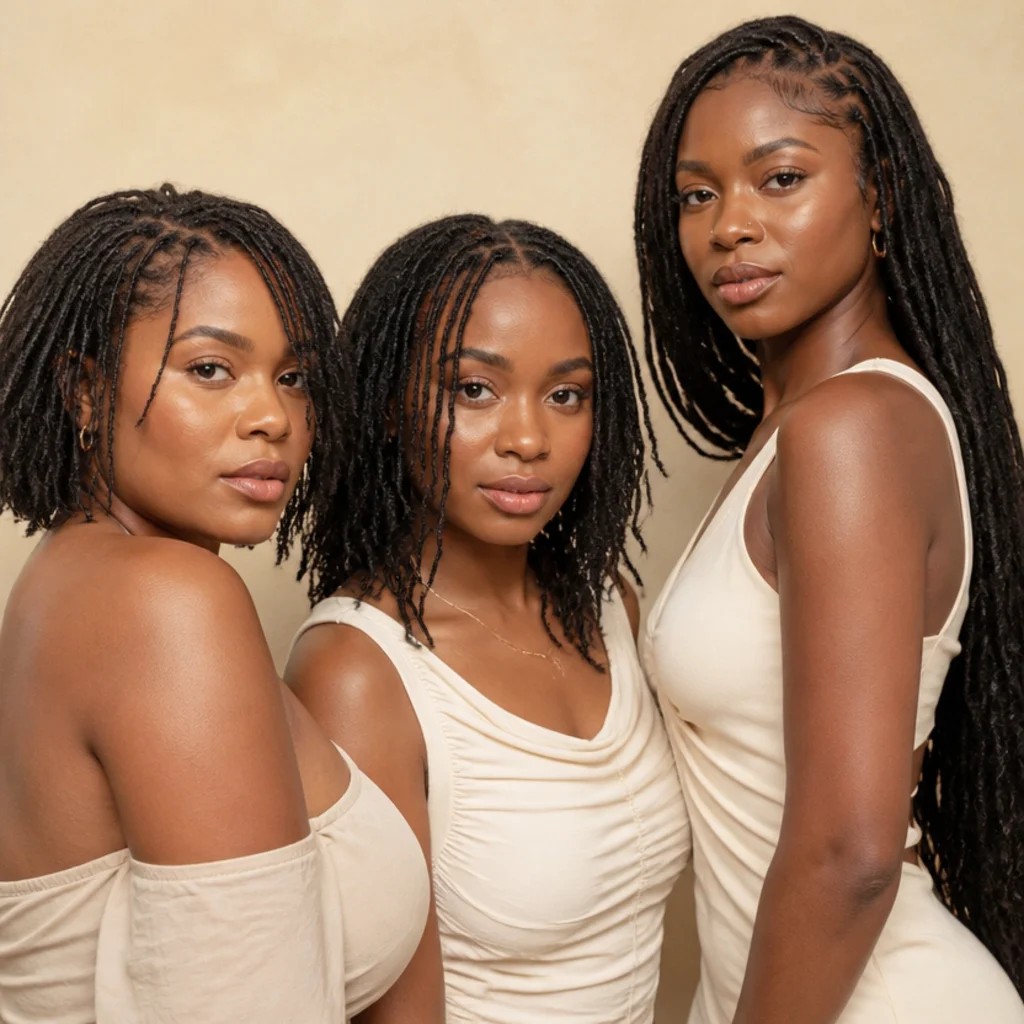 Three Black models with different face shapes wearing short, medium and long locs, three-quarter angles, coordinated ivory studio