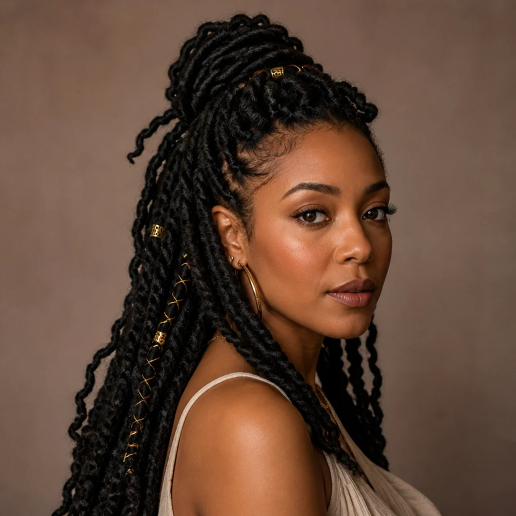 Black model wearing locs in a half-up style with gold cuffs and beads woven through, three-quarter view, soft diffused light