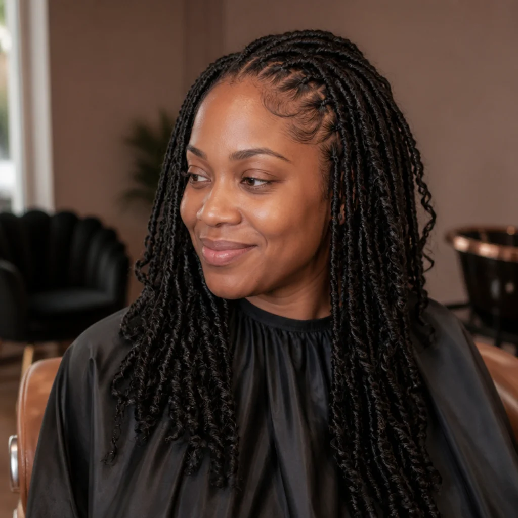 Black model seated in a styling chair near the end of a loc install, calm expression, neutral taupe salon backdrop, three-quarter view
