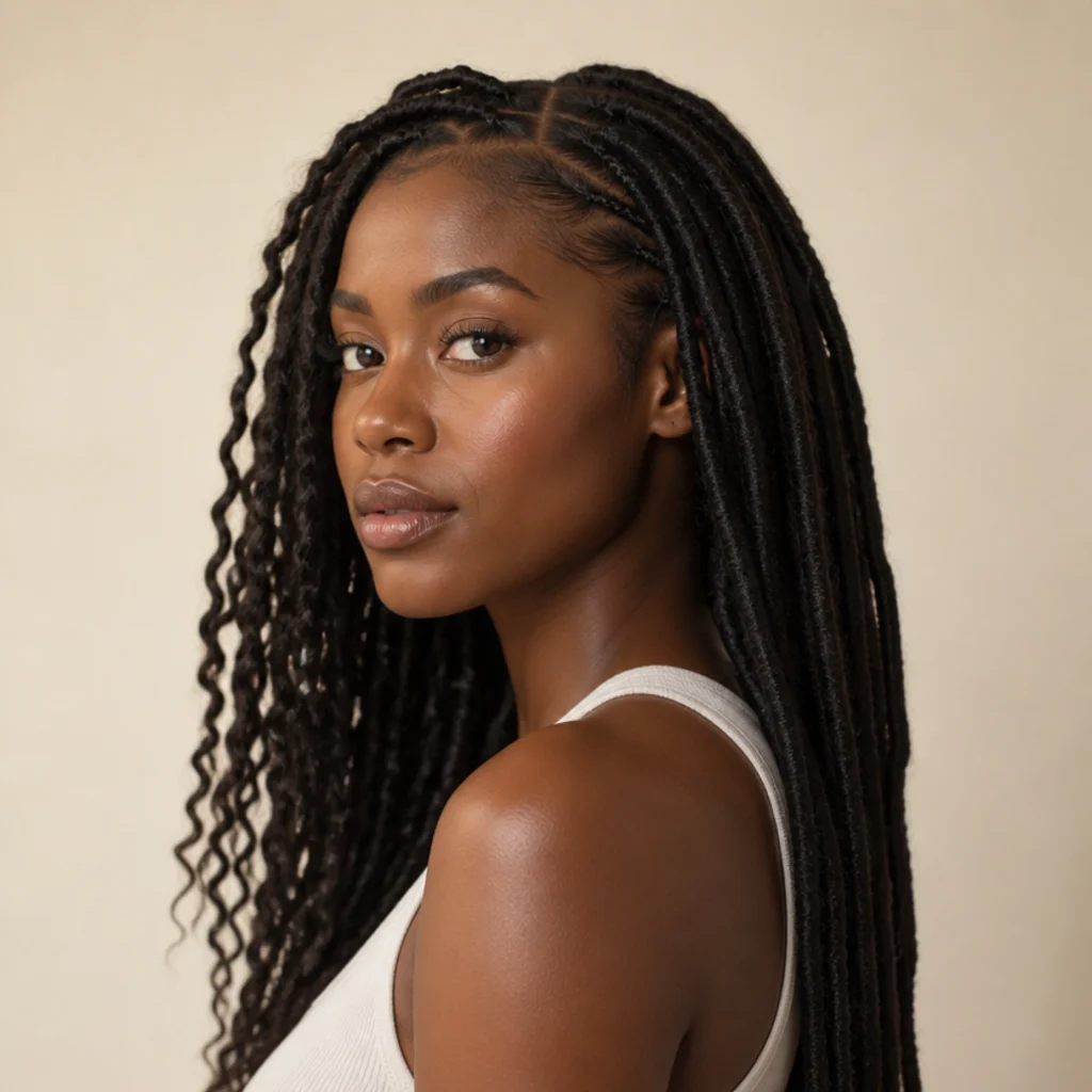 Black model in three-quarter side view wearing textured butterfly locs beside sleek faux locs on a warm ivory studio background