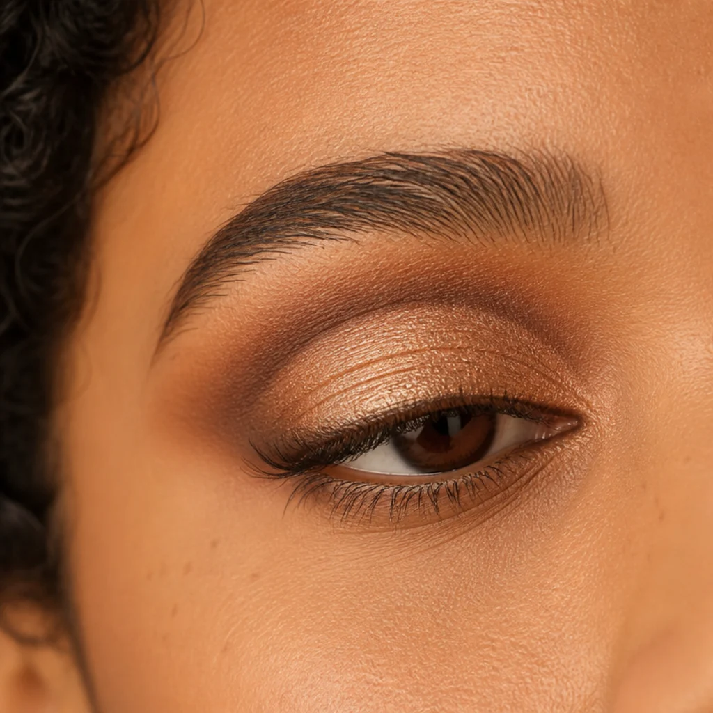 Close-up of a hooded eye with a warm bronze soft cut crease and champagne shimmer lid, a flat brush blending the edge upward