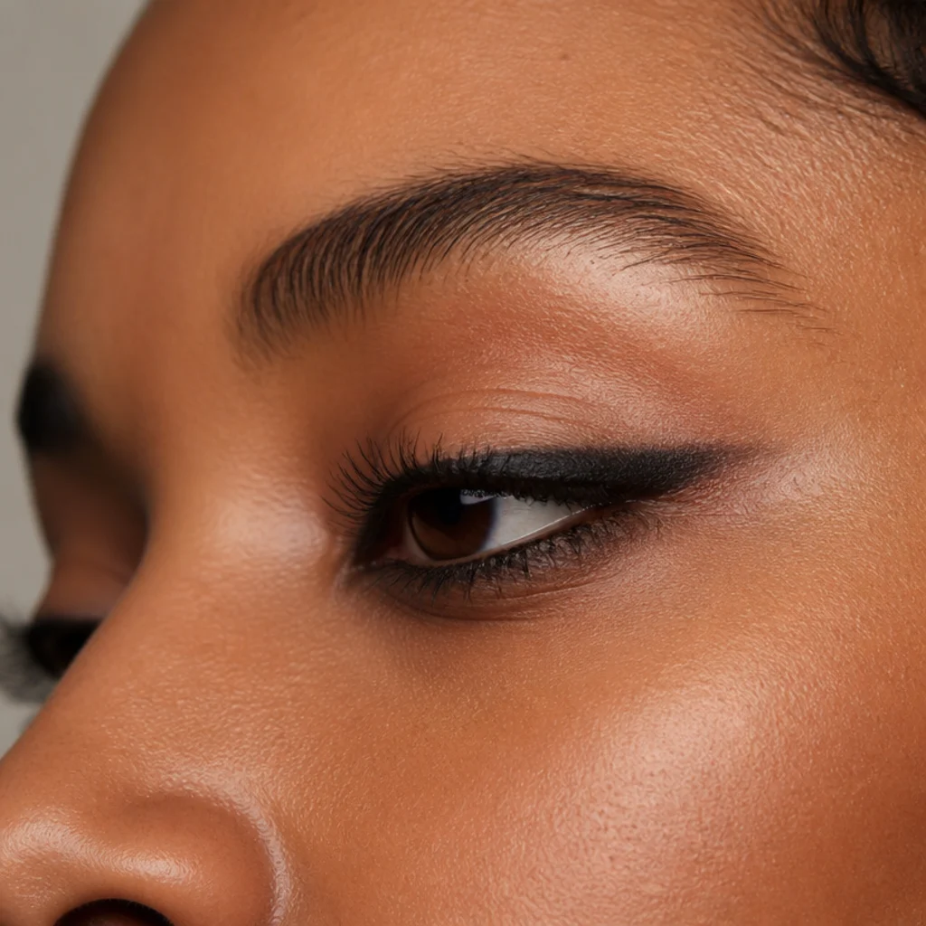 Side-angle eye close-up of a soft feathered black winged liner with a smudged, wispy tail lifting the outer corner