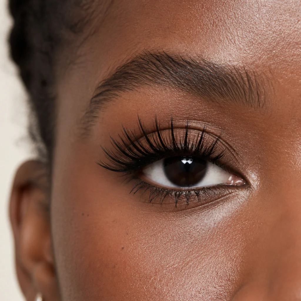 Close-up of dramatic stacked spider false lashes fanned into spiky petals over a neutral bronze lid