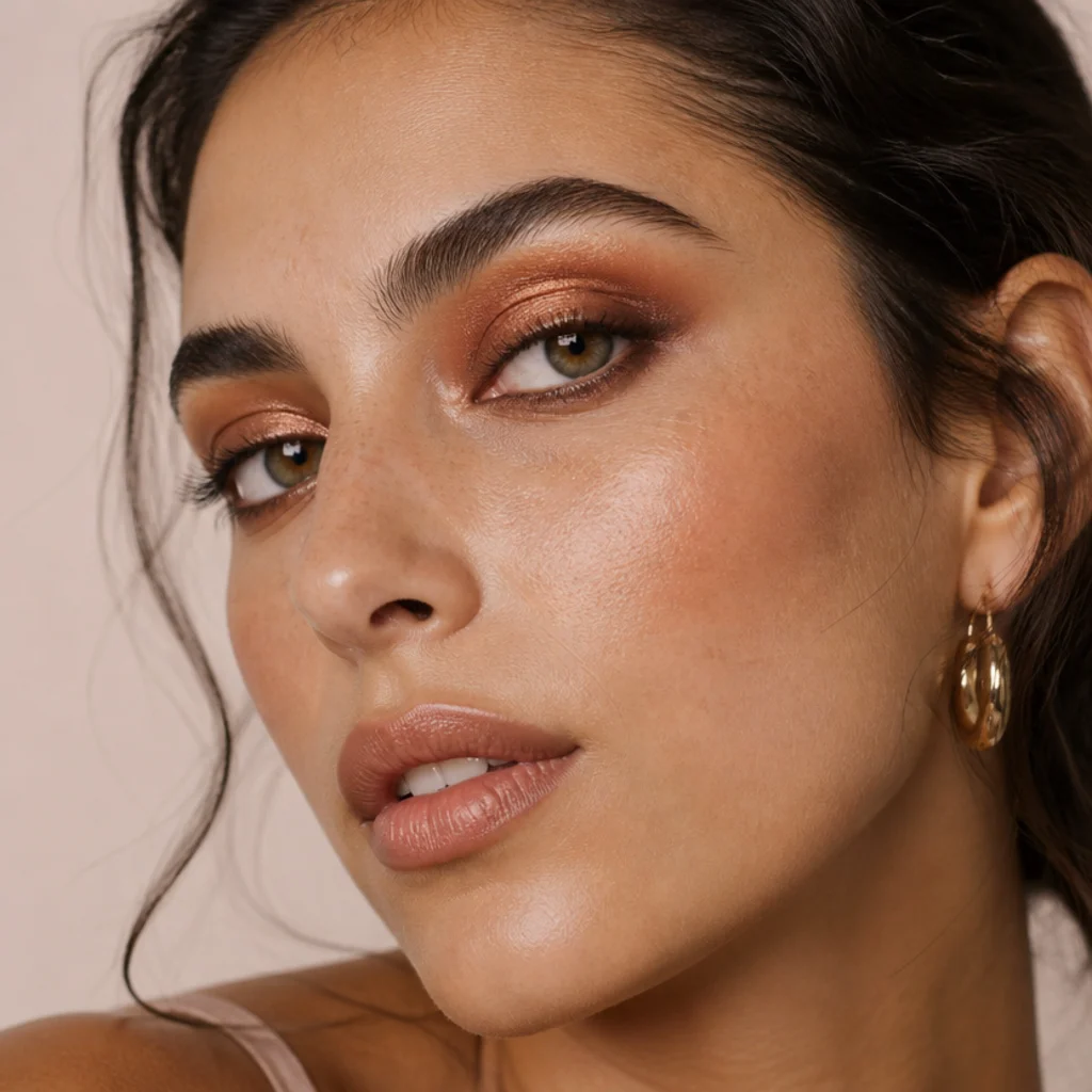 Three-quarter eye close-up of a warm copper smoked eye deepened with burnt-sienna in the outer V