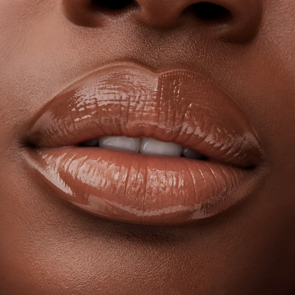 Close-up of full lips in a deep caramel nude finished with a high-shine clear gloss reflecting light