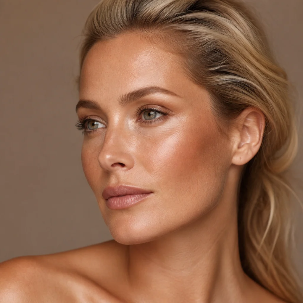 Three-quarter face showing soft warm bronzer buffed along the cheekbones, temples, and jaw for a lit, outdoorsy glow