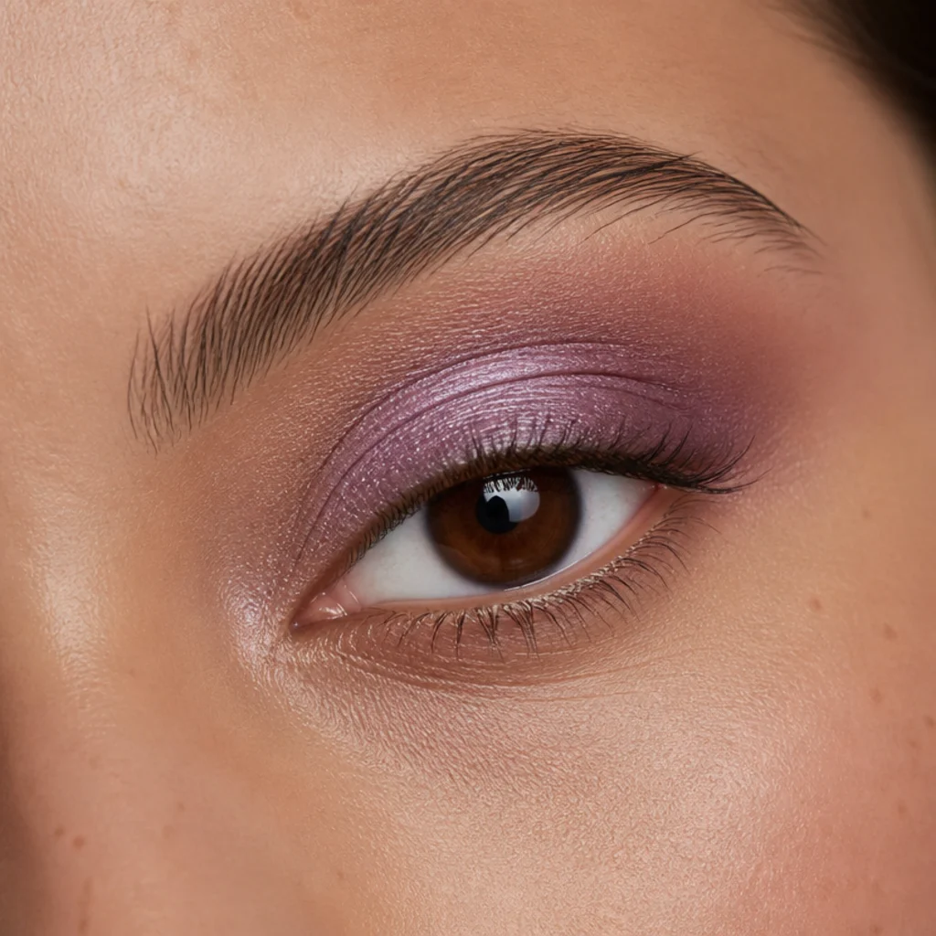 Close-up eye with a frosted lilac lid and soft plum crease in a pressed-on shimmer finish