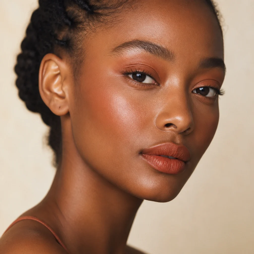 Three-quarter face in terracotta monochrome makeup coordinated across eyes, cheeks, and lips
