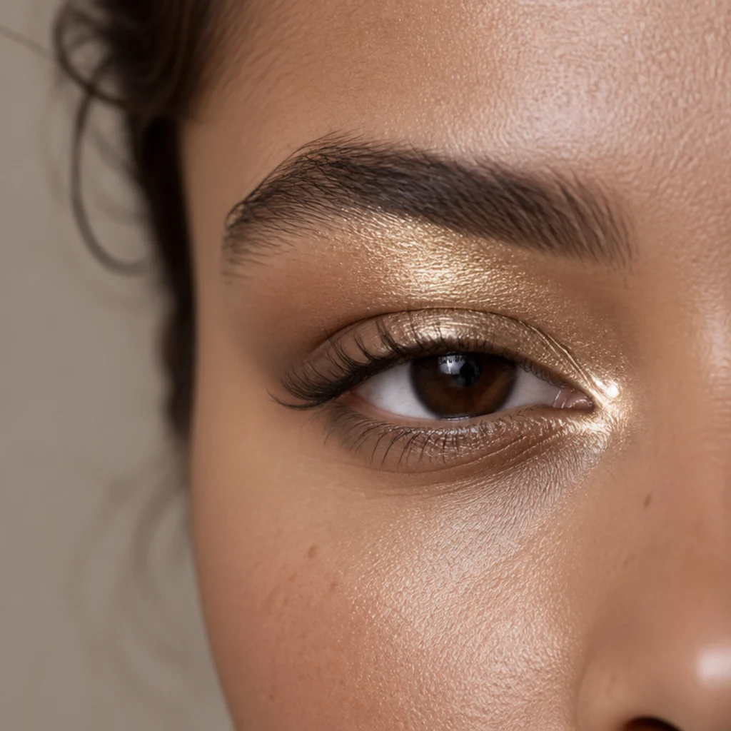 Macro eye close-up with bright champagne-gold shimmer pressed into the inner corner and along the brow bone