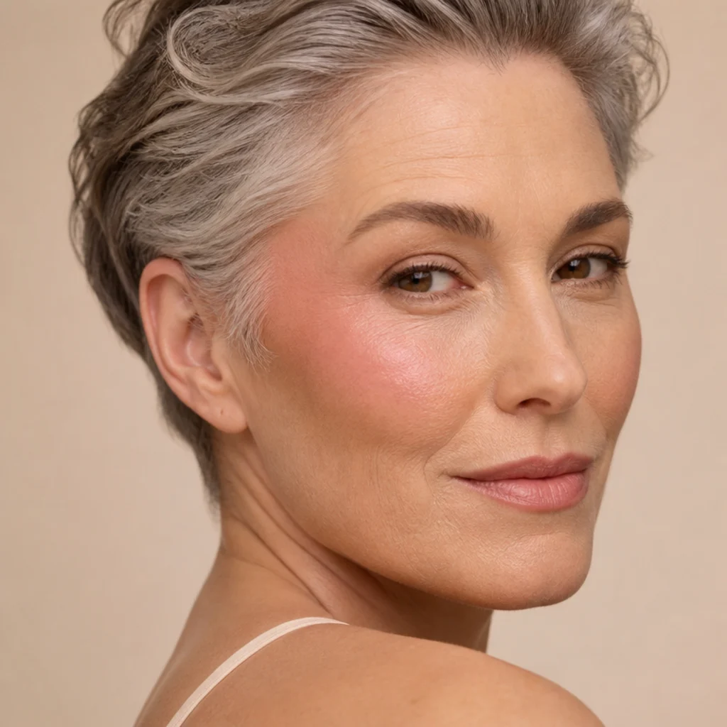Three-quarter face with warm rose cream blush draped high from the cheekbone toward the temple for a lifted flush