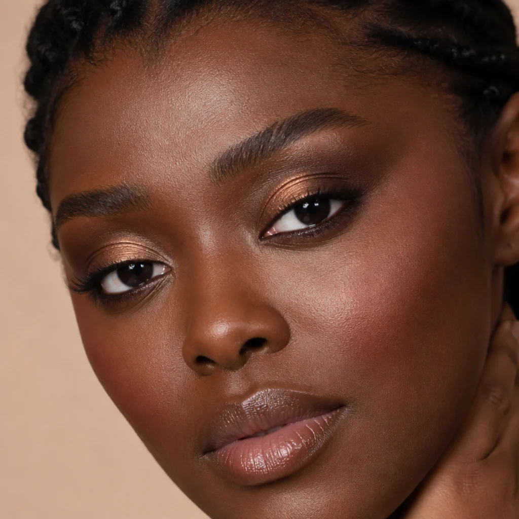Close-up of a bronze halo eye with metallic gold concentrated in the lid center and deep brown blended at the edges
