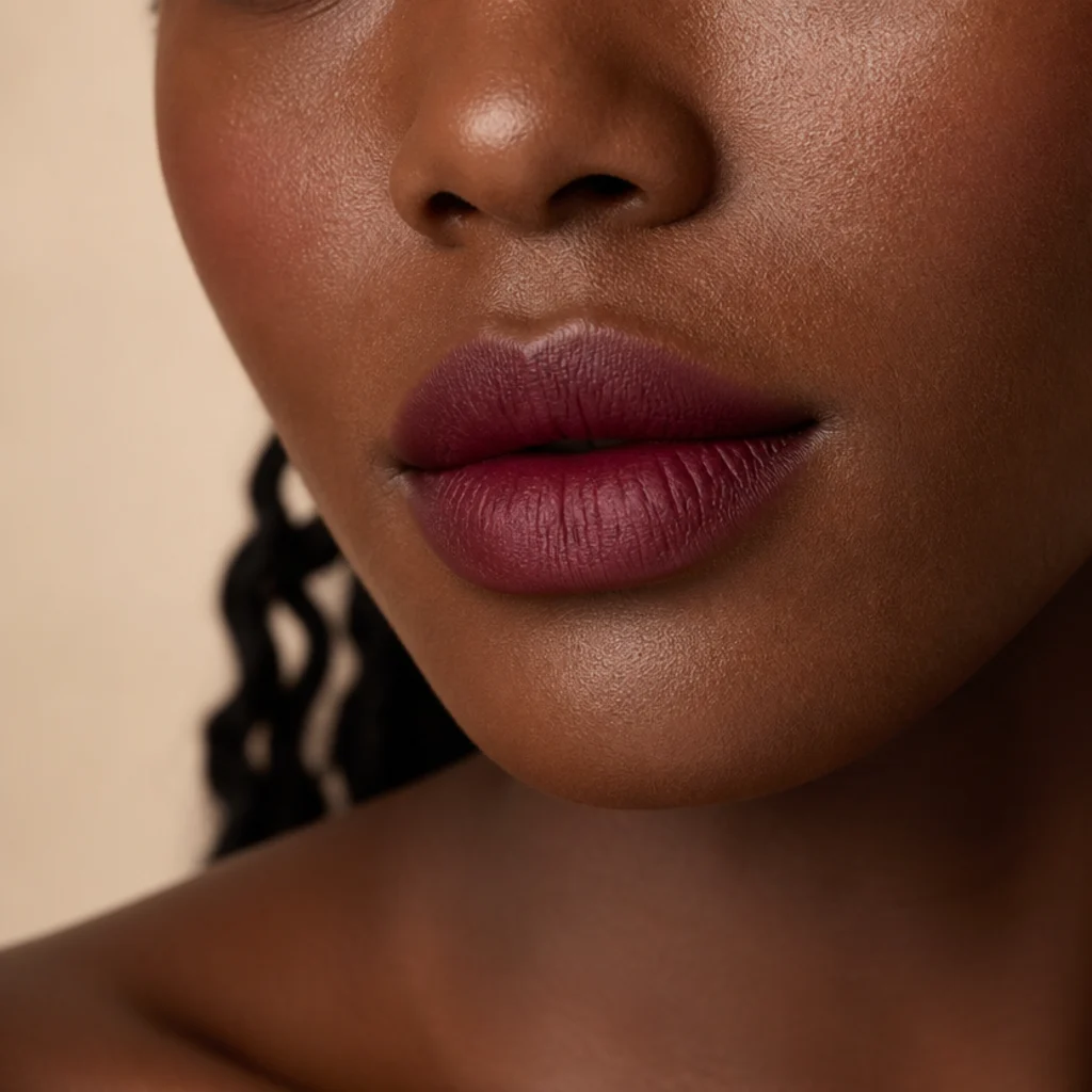Close-up of lips in a diffused berry stain with a soft, just-bitten blurred edge
