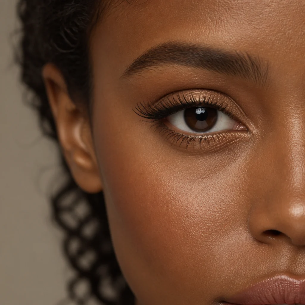 Under-eye close-up of a golden bronze lower lash line with smudged shimmer and a single lash cluster at the outer corner