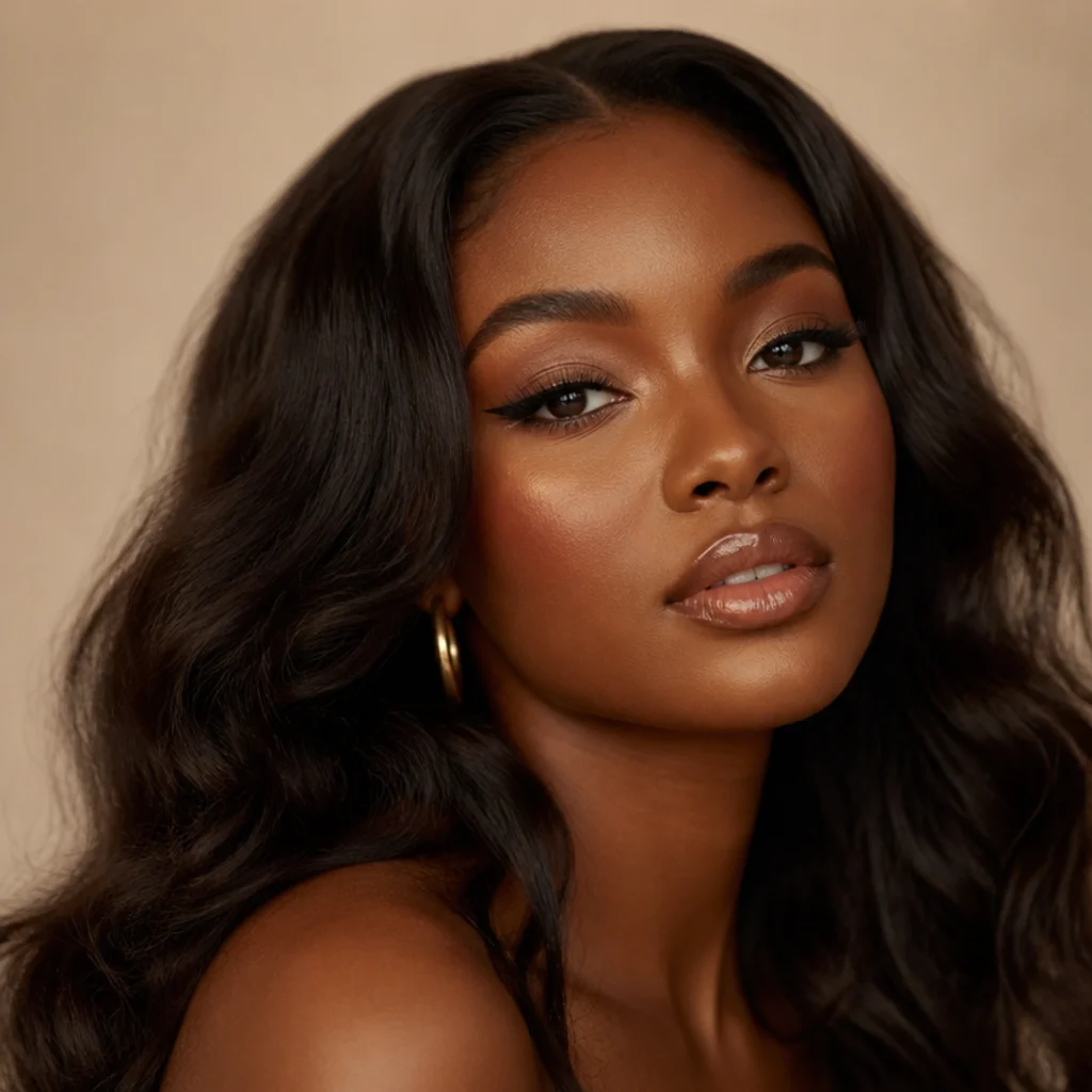 Three-quarter portrait of full disco glam with bronzed skin, a feathered wing, stacked lashes, a glossy nude lip, and center-parted waves