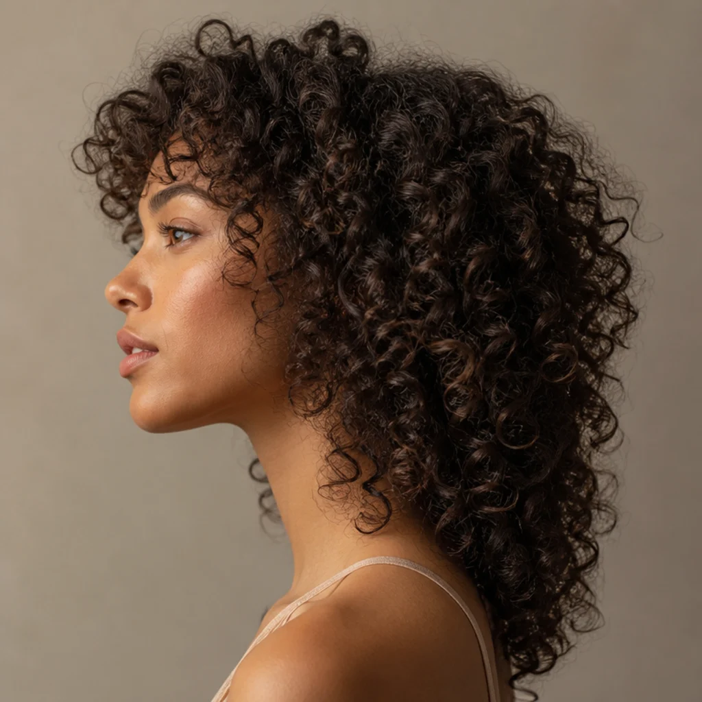 Side profile of a woman with a long curly shag haircut, springy defined ringlets and layered crown volume on a taupe backdrop