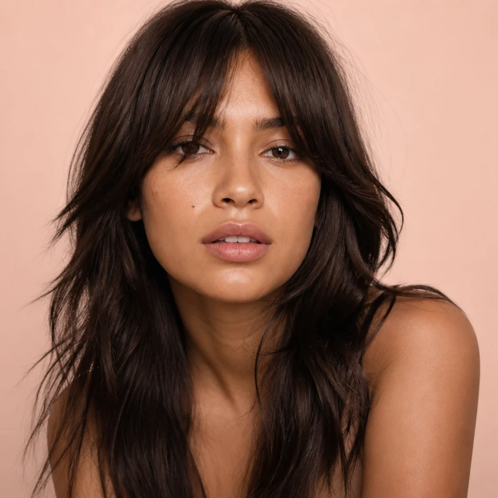 Front view of a woman with long shag choppy layers and bottleneck bangs framing the face, deep chestnut color