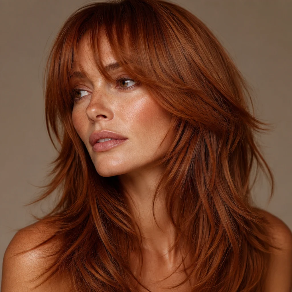 Studio portrait of a woman with a long layered shag haircut in vivid copper, glossy waves and a feathered curtain fringe