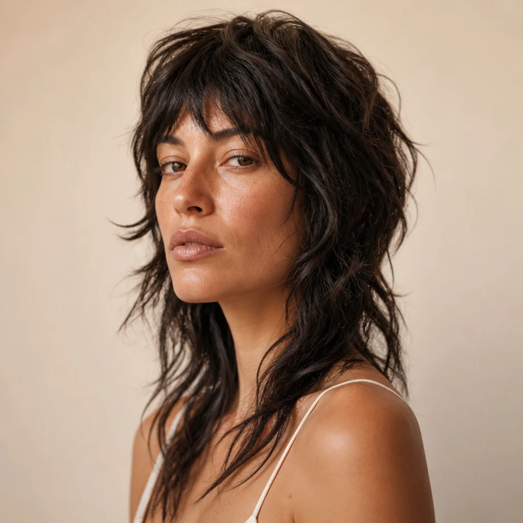 Three-quarter view of a woman with a wispy wolf-cut shag, heavy choppy crown texture melting into long wispy ends, dark brown