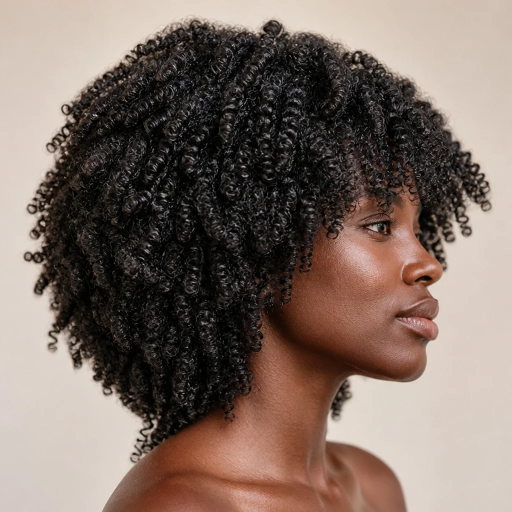 Side view of a woman with a coily long shag, tight defined coils and a sculpted rounded layered shape on an ivory backdrop