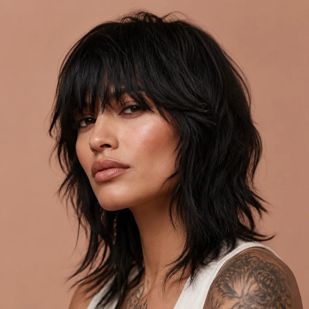 Three-quarter view of a woman with a rocker shag, dense heavy fringe over the brows and shaggy textured lengths, jet black