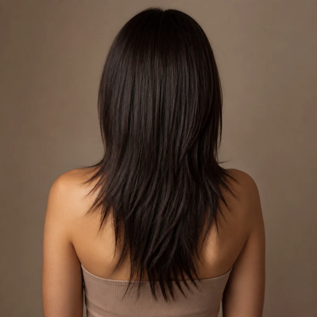 Back view of a woman with a sleek straight shag, razored feathered ends and glassy smooth layers in cool dark brown