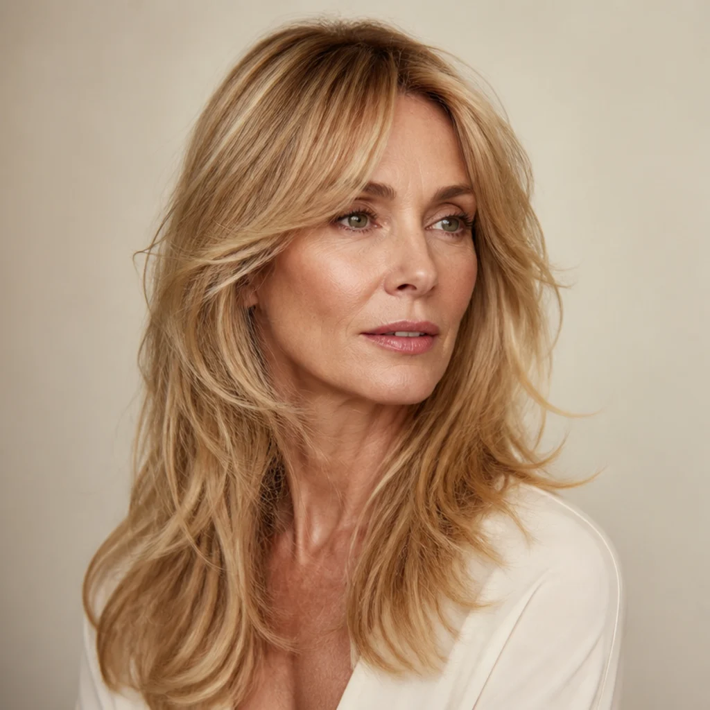 Three-quarter view of a woman with a voluminous shag on fine hair, layered crown lift and airy ends in warm honey blonde