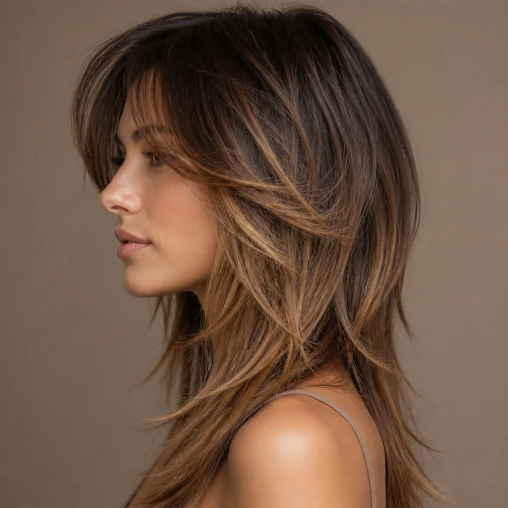 Side view of a woman with a long shag and soft balayage, blended brunette-to-caramel lengths and feathered layers