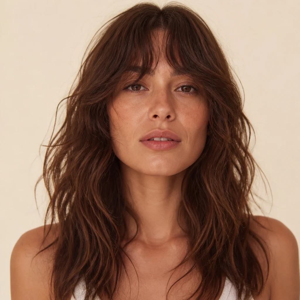 Front view of a woman with a low-maintenance air-dry shag, naturally tousled layers and a soft fringe in medium brown