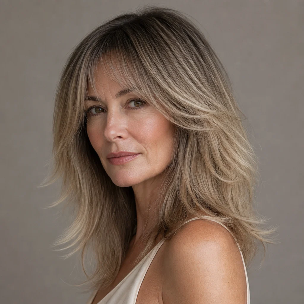 Three-quarter view of a woman with a long shag, a shadow-root melt into cool ash-blonde layers on a taupe backdrop