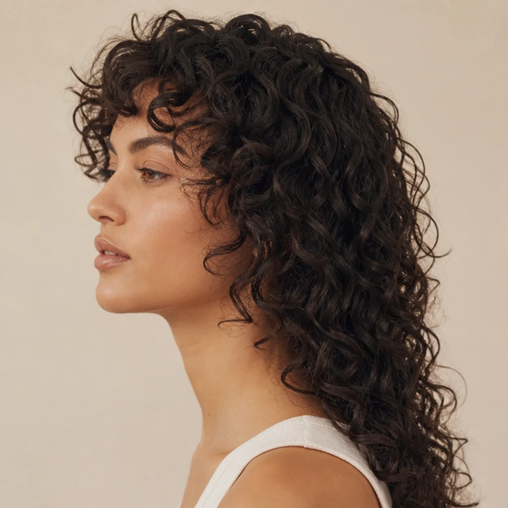 Side view of a woman with a curly shag and a tapered curly fringe softening the forehead, rich espresso curls